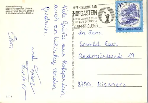 12564 - Salzburg - Bad Hofgastein , Abendstimmung gegen Hundskopf , gegen Hohe Tauern , Schloßalmbahn , Mehrbildkarte  - gelaufen 1982