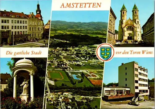 12694 - Niederösterreich - Amstetten , Hauptplatz , Goldener Löwe , Hl. Nepomuk , Auto , Käfer - nicht gelaufen 1985