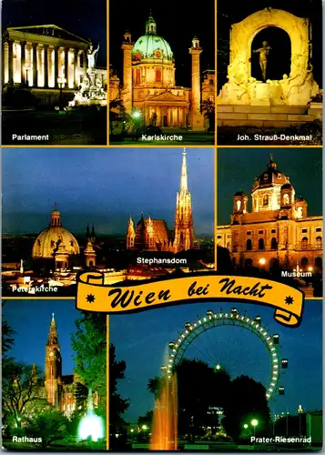 12698 - Wien - bei Nacht , Parlament , Karlskirche , Museum , Riesenrad , Prater , Mehrbildkarte - gelaufen 1995