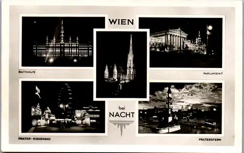 12748 - Wien - bei Nacht , Rathaus , Prater , Riesenrad , Parlament , Praterstern , Mehrbildkarte - nicht gelaufen