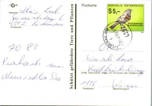 12752 - Österreich - Ganzsache , Postkarte , Rotsterniges Blaukelchen - gelaufen 1993