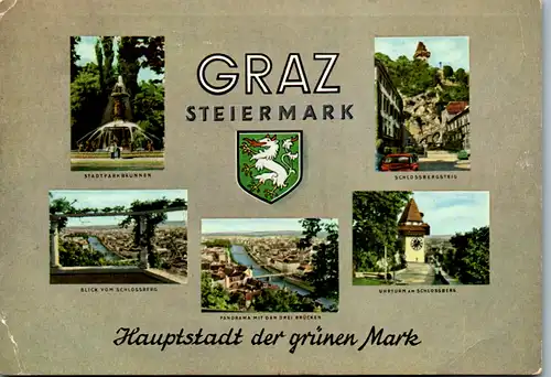 12808 - Steiermark - Graz , Schlossberg , Stadtparkbrunnen , Panorama mit den drei Brücken - gelaufen 1959