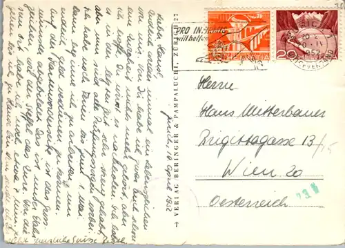 12854 - Schweiz - Zürich , Limmat , Großmünster und die Alpen , Zensurstelle , Aliierte Zensur , Stempel - gelaufen 1952