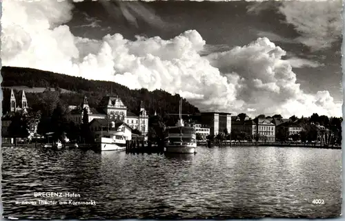 12860 - Vorarlberg - Bregenz , Hafen und neues Theater am Kornmarkt , Schiff - gelaufen 1959