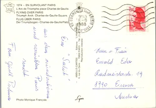 12977 - Frankreich - Paris , L' Arc de Triomphe place Charles de Gaulle , Triumphbogen - gelaufen 1988