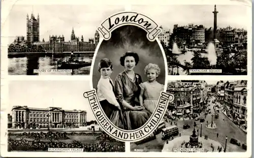 12995 - England - London , House of Parliament , Trafalgar Square , Buckingham Palace , Piccadilly Circus ,The Queen and her children , Mehrbildkarte - gelaufen 1956