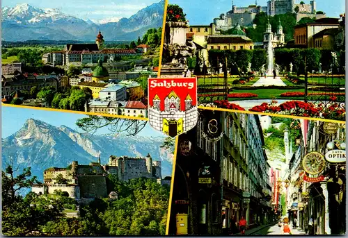 13007 - Salzburg - Kloster Nonnberg , Mirabellgarten , Hohensalzburg mit Untersberg , Getreidegasse , Mehrbildkarte - gelaufen 1990