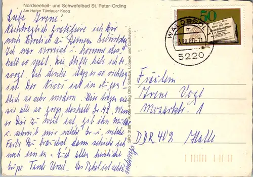 13043 - Deutschland - St. Peter Ording , Nordsee Heil und Schwefelbad , Am Hafen Tümlauer Koog , Auto , Schiff , Boot - gelaufen 1980