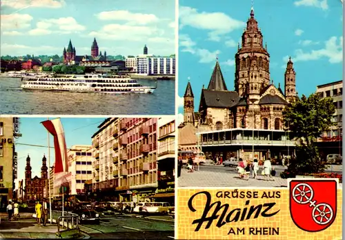 13094 - Deutschland - Mainz am Rhein , Rheinufer , Dom , Peterskirche , Auto Käfer , Schiff - gelaufen 1976