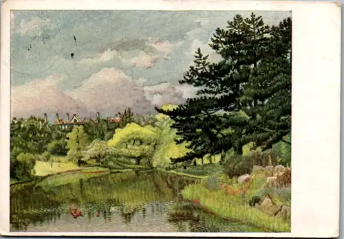 13176 - Künstlerkarte - J. Th. Daugs , Botanischer Garten Berlin Dahlem , Blick über den großen Teich - gelaufen 1951