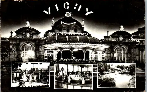 13312 - Frankreich - Vichy , Allier , Casino vu la nuit , Pavillon Sevigne , Source Chamel , Bassin des Cygnes , Mehrbildkarte - gelaufen