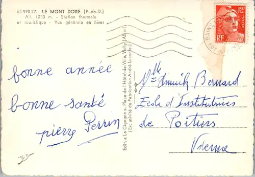 13356 - Frankreich - Le Mont Dore , Station Thermale et touristique , Vue generale en hiver , Puy de Cacadogne , Puy Ferrand , Puy de Sancy ,Puy de Cliergue , Puy de Capucin - gelaufen 1956