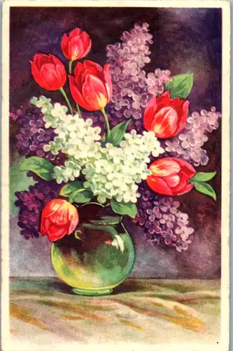 13643 - Künstlerkarte - Tulpen und Flieder in Vase , Malerei - gelaufen