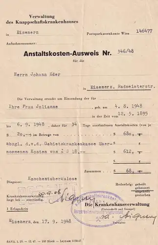 13721 - Rechnung - Anstaltskosten , Knappschaftskrankenhaus Eisenerz v. 1948