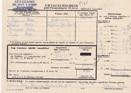 13722 -  - Umtauschschein gemäß Währungsschutzgesetz , Geldumtausch , Sparkasse Leoben v. 1947