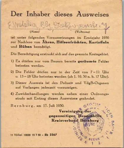13725 -  - Bernburg , Bezugsschein , Berechtigung zum Bezug von Lebensmitteln v. 1950