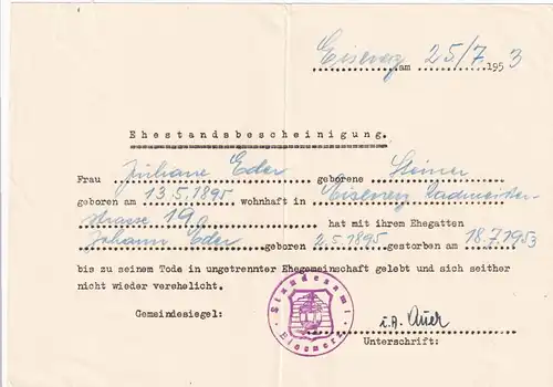 13728 -  - Ehestandsbescheinigung , Eisenerz v. 1953