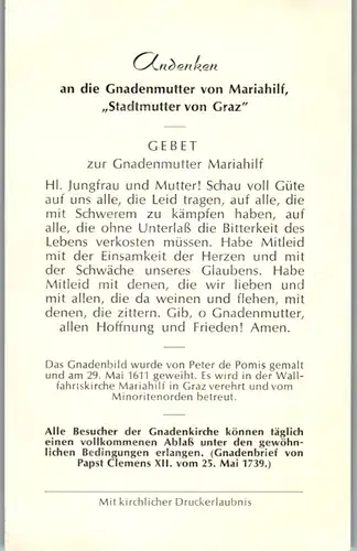 13910 - Heiligenbild - Gnadenbild Mariahilf , Stadtmutter von Graz , St. Peter Salzburg , Gebet
