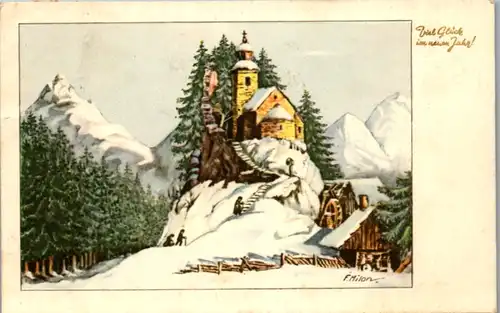 13964 - Künstlerkarte - Viel Glück im neuen Jahr , signiert F. Milan - gelaufen