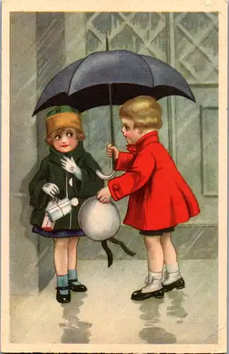 14000 - Künstlerkarte - Kinder im Regen - nicht gelaufen