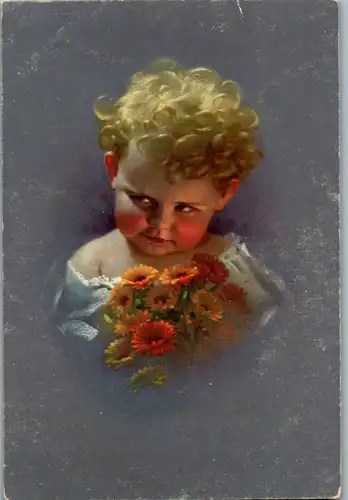 14077 - Künstlerarte - Kind mit Blumenstrauß - nicht gelaufen