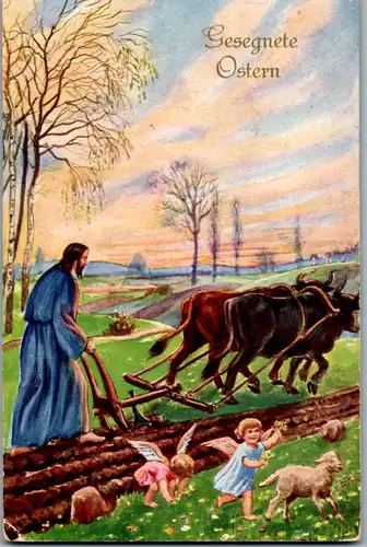 14240 - Künstlerkarte - Gesegnete Ostern , Ochsengespann - gelaufen 1928