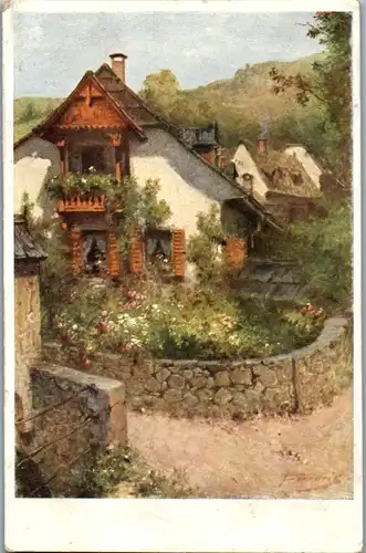 14318 - Künstlerkarte - Haus mit Blumengarten und Steinmauer , signiert - nicht gelaufen