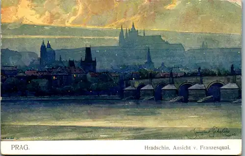 14341 - Künstlerkarte - Prag , Hradschin , Ansicht v. Franzesquai , signiert Jaroslav Setelik - nicht gelaufen