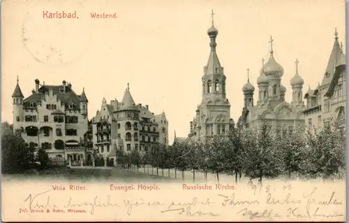 14418 - Tschechien - Karlsbad , Karlovy Vary , Villa Ritter , Evangelische Kirche , Russische Kirche - gelaufen 1906