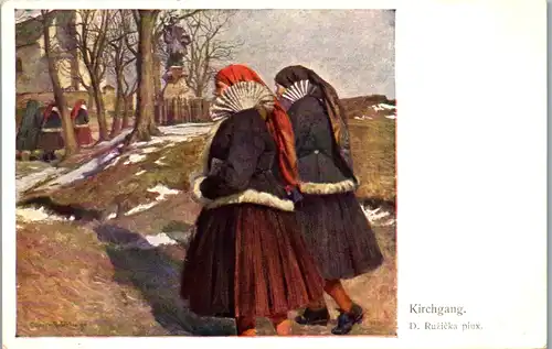 14434 - Künstlerkarte - Kirchgang , signiert D. Ruzicka - nicht gelaufen
