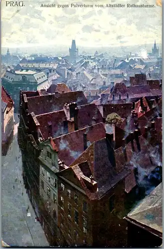 14439 - Künstlerkarte - Praha , Prag , Ansicht gegen Pulverturm von Altstädter Rathausturm , signiert Jaroslav Setelik - gelaufen 1923