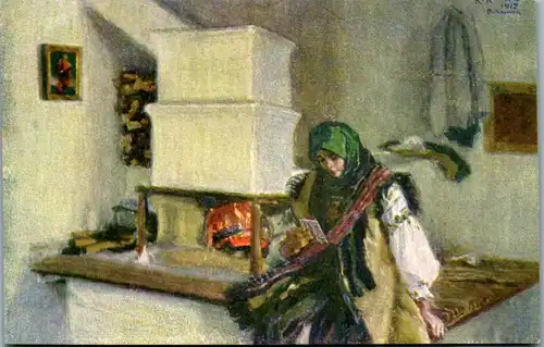 14457 - Künstlerkarte - Am Kamin , signiert Rudolf Konopa 1917 - nicht gelaufen
