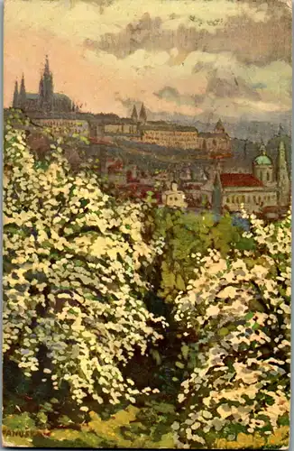 14461 - Künstlerkarte - Prag , Praha , Laurenziberggarten , signiert Jaroslav Panuska - gelaufen 1907