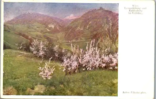 14490 - Künstlerkarte - Wien , Leopoldsberg und Kahlenberg im Frühling , signiert Anton Filkuka - nicht gelaufen
