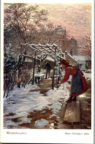 14563 - Künstlerkarte - Winterfreuden , signiert Hans Götzinger - nicht gelaufen
