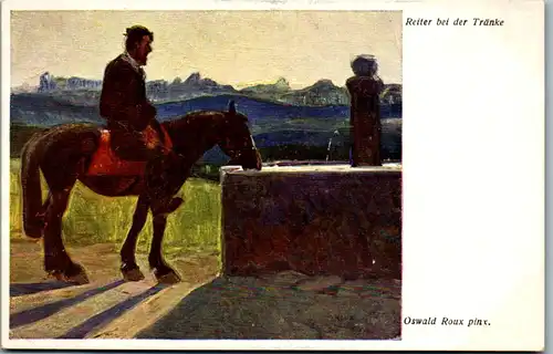 14619 - Künstlerkarte - Reiter bei der Tränke , signiert Oswald Roux - nicht gelaufen