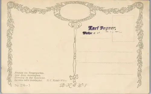 14625 - Künstlerkarte - Abends im Rosengarten , Soir dans montagnes , Hermann Clemens Kosel - nicht gelaufen