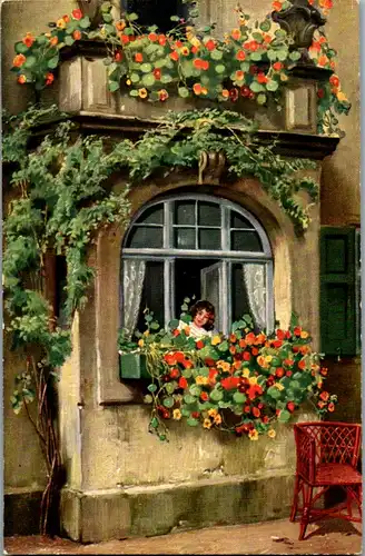 14641 - Künstlerkarte - Blumenfenster - nicht gelaufen