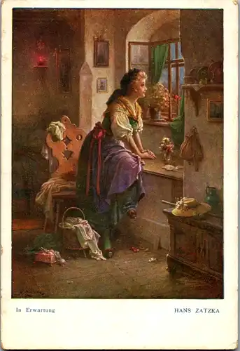 14759 - Künstlerkarte - In Erwartung , signiert Hans Zatzka - gelaufen