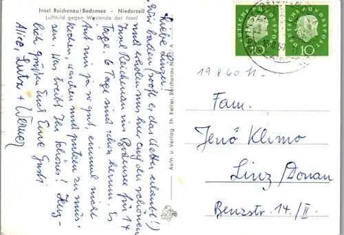 13495 - Deutschland - Insel Reichenau , Bodensee , Niederzell , Luftbild gegen Westende der Insel - gelaufen 1960