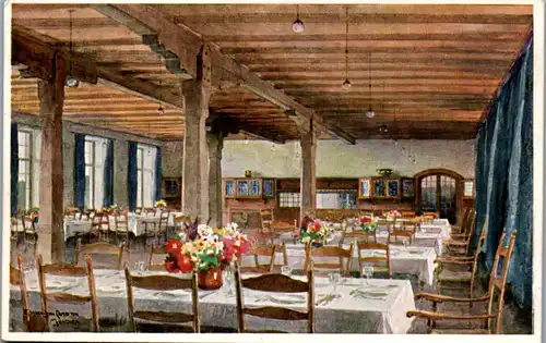 13625 - Künstlerkarte - Krün , Klais , Schloss Elmau , Speisesaal , signiert Edward Harrison Compton - nicht gelaufen