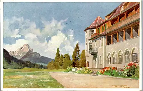 13627 - Künstlerkarte - Krün , Klais , Schloss Elmau , Südseite mit Waxenstein , signiert Edward Harrison Compton - nicht gelaufen