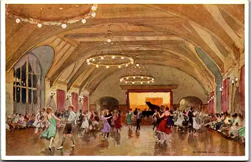 13631 - Künstlerkarte - Krün , Klais , Schloss Elmau , Tanz im großen Saal , signiert Edward Harrison Compton - nicht gelaufen