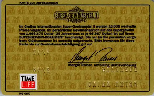 15732 -  - Time Life Super Gewinnspiel II , 1,6 Million Dollar Card