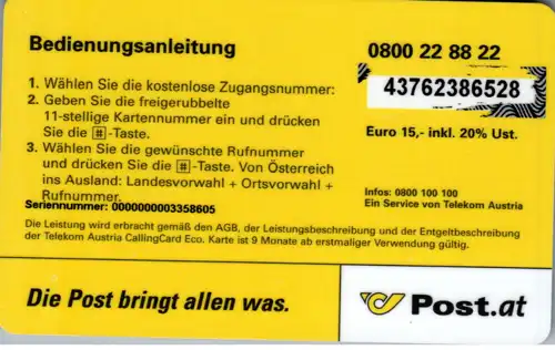 15772 - Österreich - Post.at , Calling Card Eco