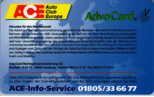 15785 -  - ACE Clubkarte , Auto Club Europa , Advo Card