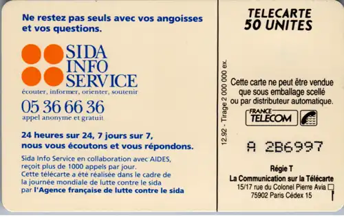 15928 - Frankreich - Telecarte , Sida Info Service , Journee mondiale de lutte contre le sida