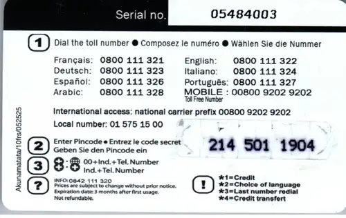 15410 - Schweiz - Africa Phone , Akunamatata , OK Telekom