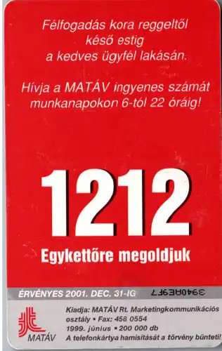 15478 - Ungarn - 1212 , Egykettöre megoldjuk