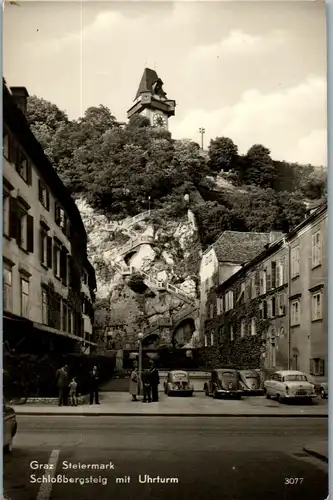 21344 - Steiermark - Graz , Schloßbergsteig mit Uhrturm , Auto , Käfer - gelaufen 1958